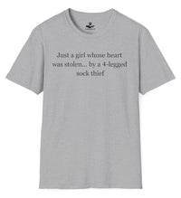 Load image into Gallery viewer, Just a girl whose heart was stolen ... by a 4-legged sock thief- Funny T-Shirt For Dog Moms
