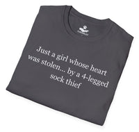 Load image into Gallery viewer, Just a girl whose heart was stolen ... by a 4-legged sock thief- Funny T-Shirt For Dog Moms
