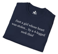 Load image into Gallery viewer, Just a girl whose heart was stolen ... by a 4-legged sock thief- Funny T-Shirt For Dog Moms
