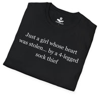 Load image into Gallery viewer, Just a girl whose heart was stolen ... by a 4-legged sock thief- Funny T-Shirt For Dog Moms
