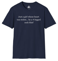 Load image into Gallery viewer, Just a girl whose heart was stolen ... by a 4-legged sock thief- Funny T-Shirt For Dog Moms

