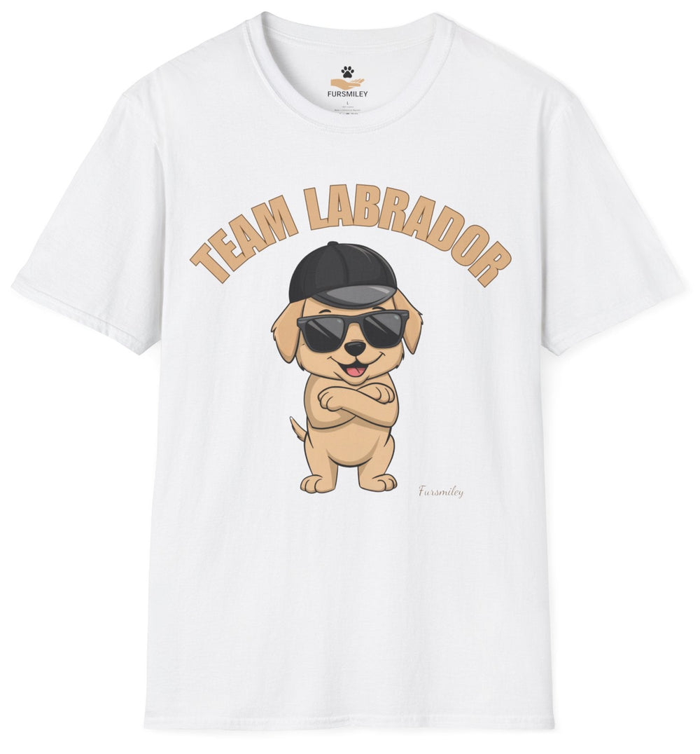 Funny white unisex T-shirt featuring  the text Team Labrador and a cool Labrador in sunglasses, perfect for dog moms and Dog Dads