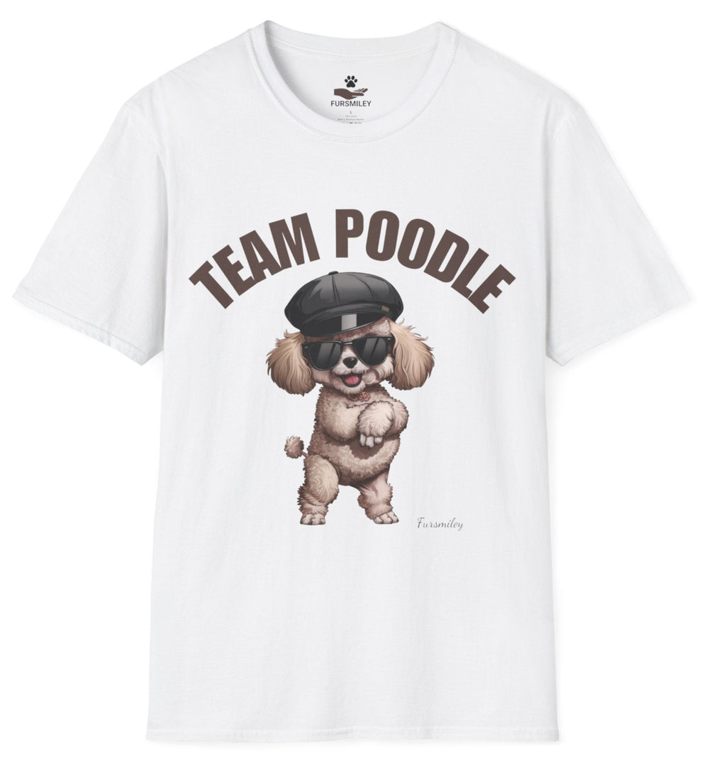 Funny white unisex T-shirt featuring the text Team Poodle and a cool Poodle in sunglasses , perfect for dog moms 