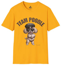 Load image into Gallery viewer, Funny yellow unisex T-shirt featuring the text Team Poodle and a cool Poodle in sunglasses , perfect for dog moms
